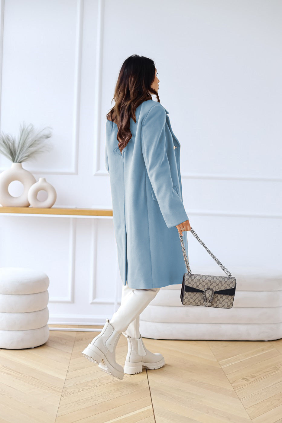 Manteau Long Femme Laine Mélangée Boutons Coupe Élégante