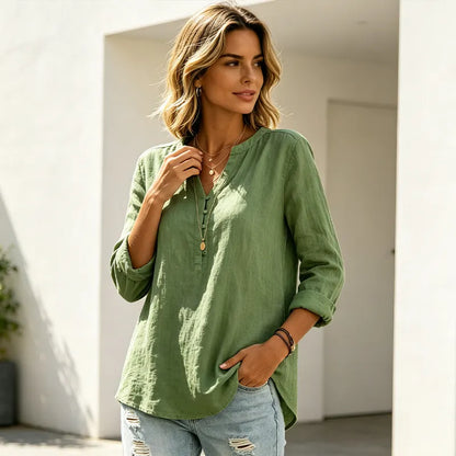 Chemise Femme Coton Col V Manches Retroussables Coupe Ample