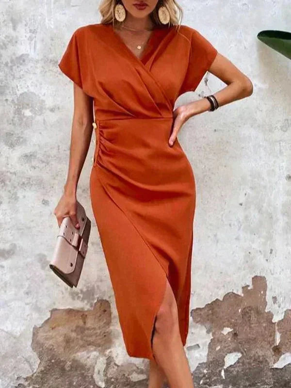 Robe Femme Élégante Plissée Col V Manches Courtes