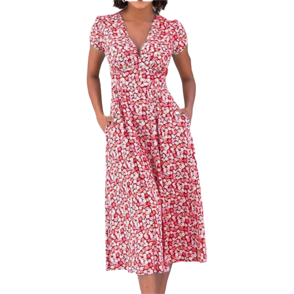 Robe Été Florale avec Poches et Col en V