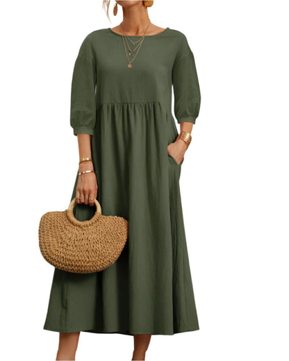 Robe Femme Été en Coton Léger, Col Rond et Manches Courtes