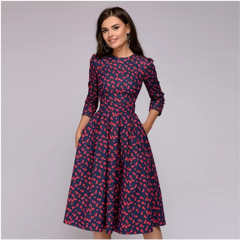 Robe Femme Élégante Mi-Longue avec Poches Latérales