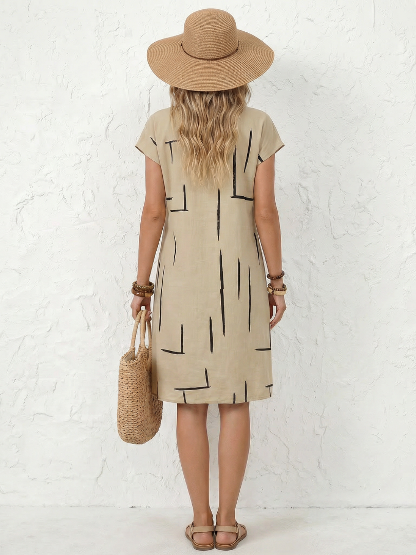 Robe Midi Femme Coton Lin Manches Courtes Coupe Décontractée
