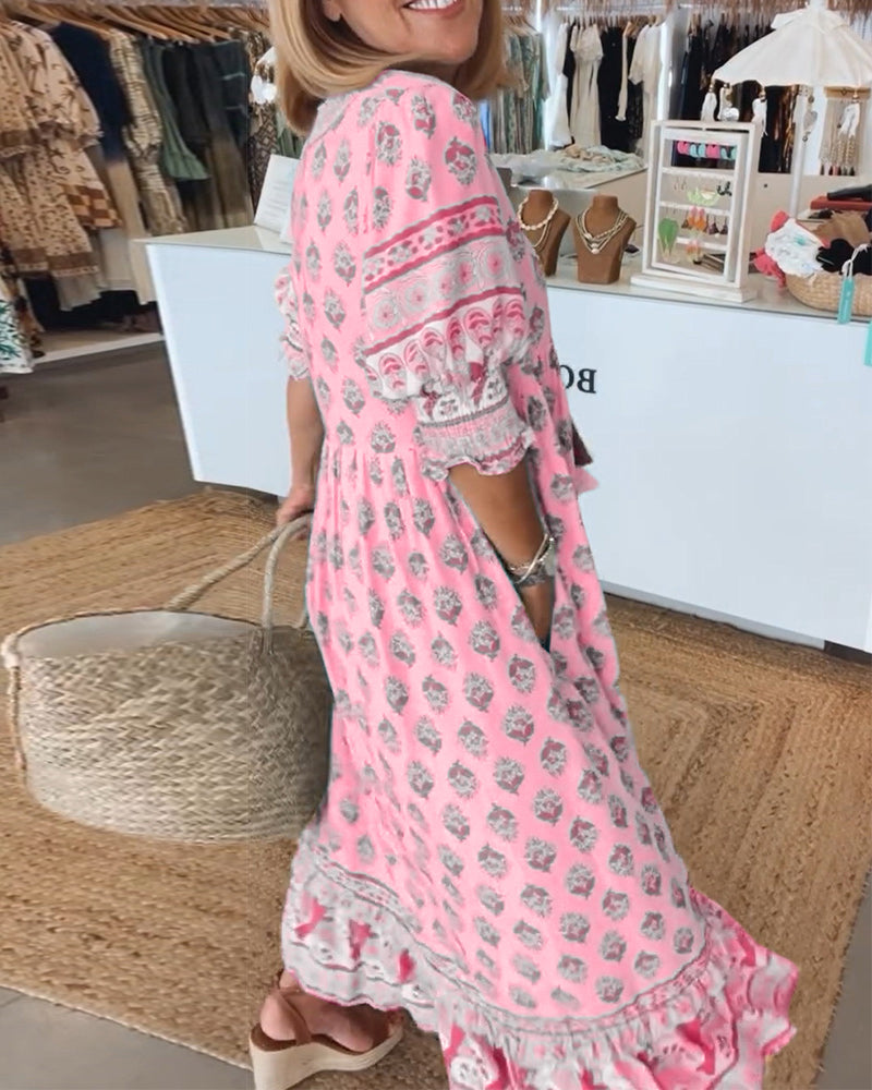 Robe midi Femme Fluide Imprimée Col en V Manches Lanterne Ample