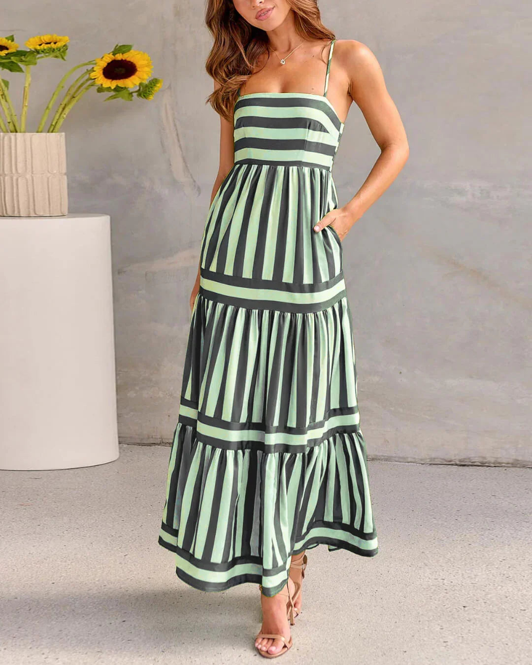 Robe Longue Femme Bretelles Coupe Fluide Rayée