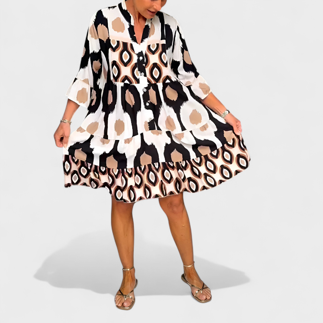 Robe Femme Ample Col V Boutonnée Manches Longues Imprimé Géométrique