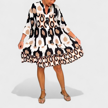 Robe Femme Ample Col V Boutonnée Manches Longues Imprimé Géométrique