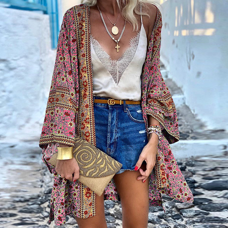 Kimono Femme Élégant Fleuri Manches Courtes