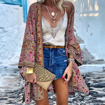 Kimono Femme Élégant Fleuri Manches Courtes