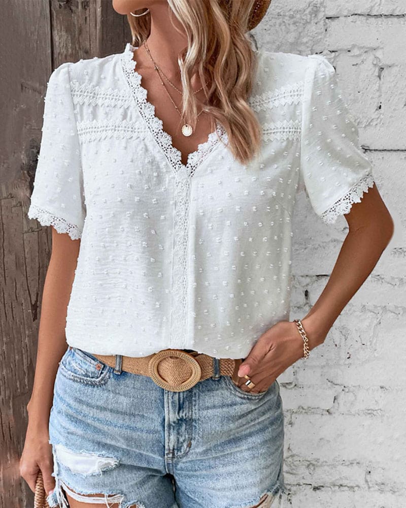 Blouse Femme en Coton avec Dentelle et Manches Bouffantes - PanierRoyale