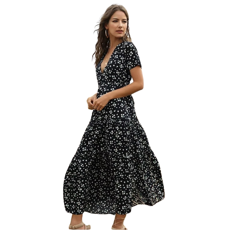 Robe Été Longue Décolleté Profond en Dentelle