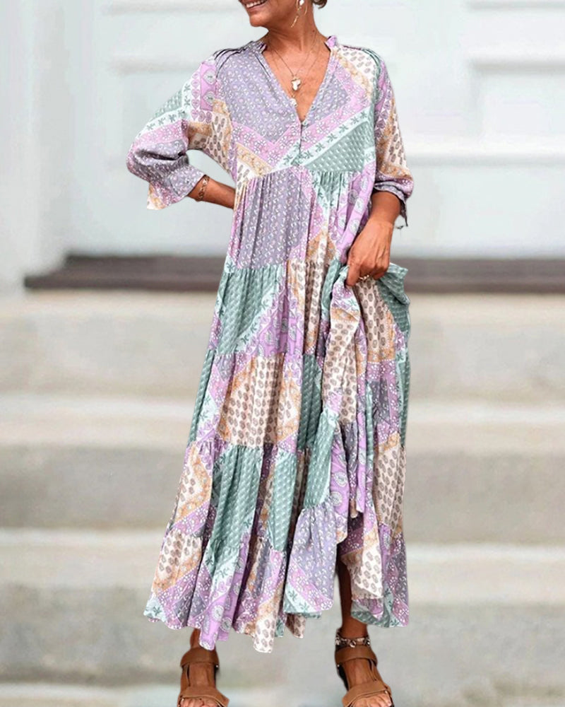 Robe Maxi Femme Imprimé Patchwork Coupe Ample Col V Manches Longues