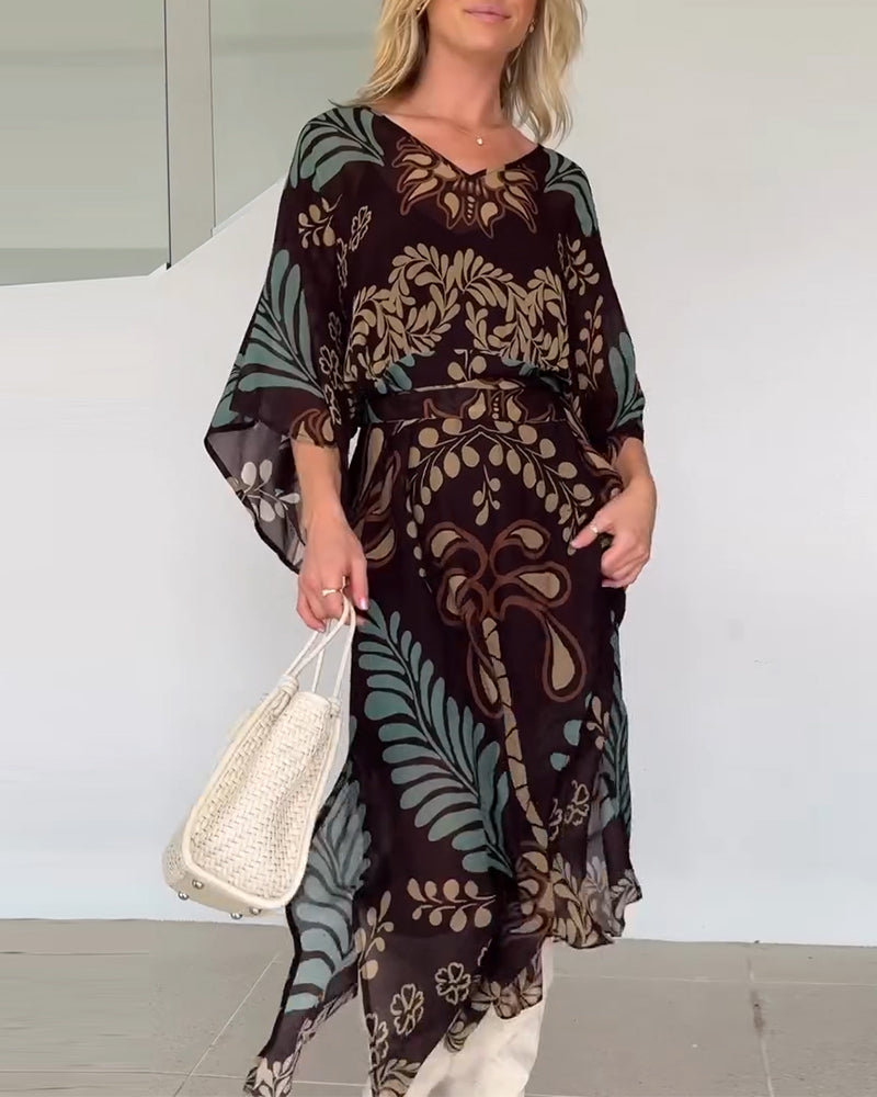 Robe Maxi Femme Imprimé Feuilles Col V Style Bohème