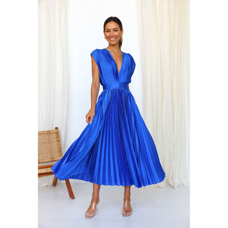 Robe Plissée Midi Élégante avec Décolleté Profond