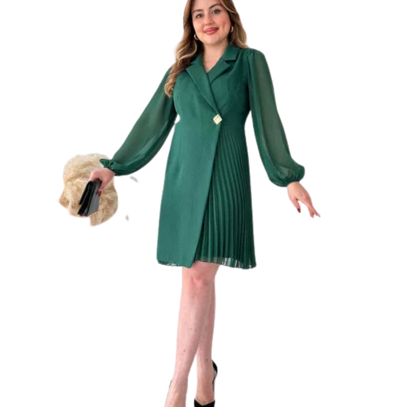 Robe Chic Manches Longues à Jupe Plissée Élégante