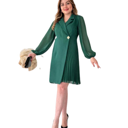 Robe Chic Manches Longues à Jupe Plissée Élégante