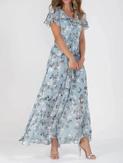 Robe maxi fleuri femme rose en chiffon, décolleté V et manches bouffantes