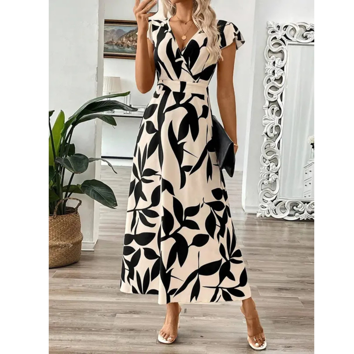 Robe Maxi Femme en Tissu Imprimé Coupe Croisée Col V