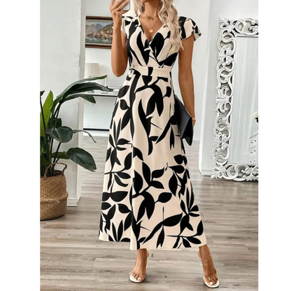 Robe Maxi Femme en Tissu Imprimé Coupe Croisée Col V