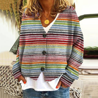 Cardigan femme rayé décontracté col V