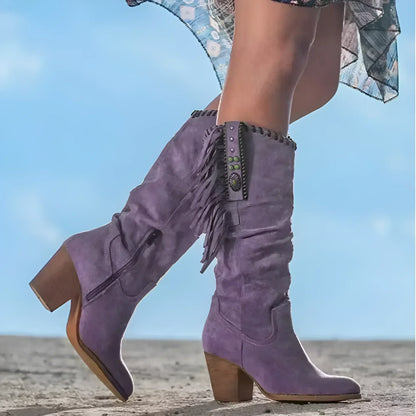 Bottes Western Femmes en Cuir Véritable avec Franges et Talon Épais