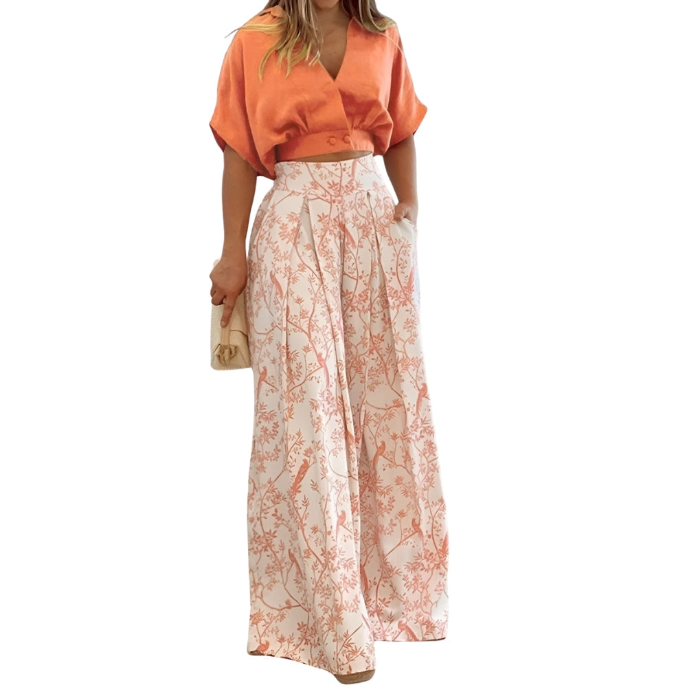 Ensemble Femme Élégant Chemise Bouffante Pantalon Évasé