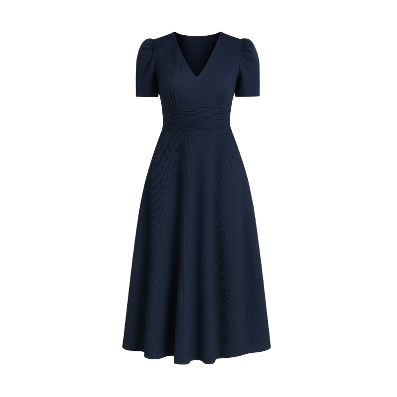 Robe Chic Mi-Longue Col V Manches Bouffantes Femmes