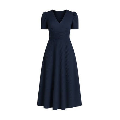 Robe Chic Mi-Longue Col V Manches Bouffantes Femmes