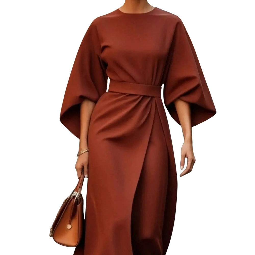 Robe Femme Élégante Mi-Longue Col Rond Manches Bouffantes