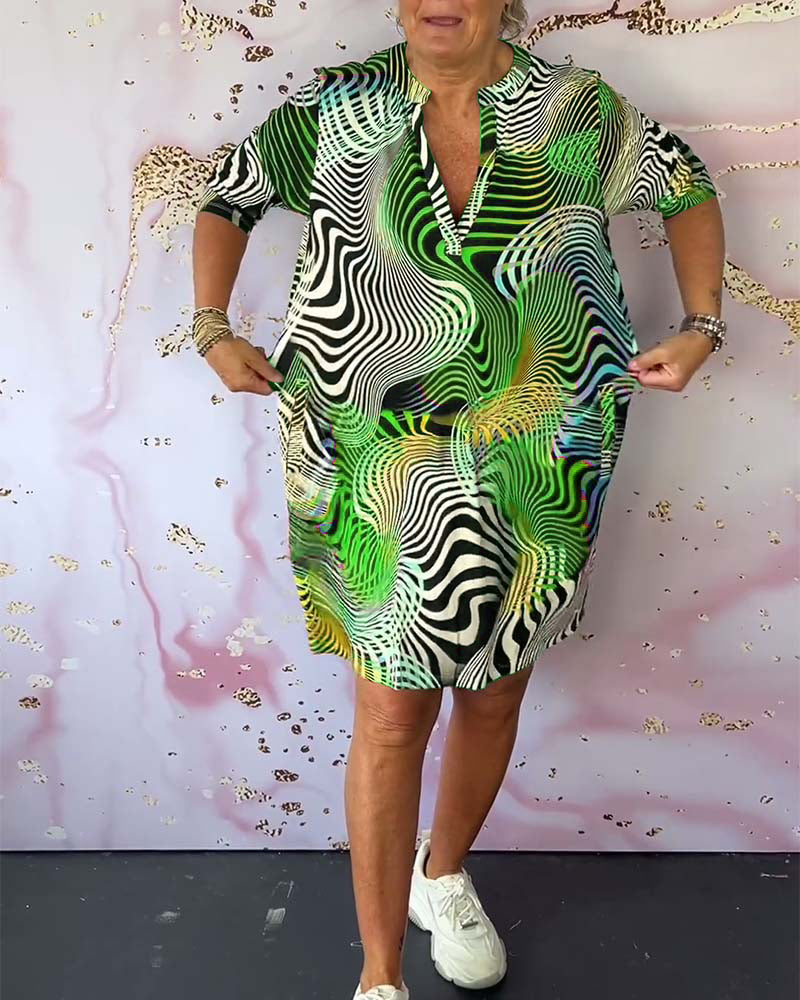 Robe Femme Col V Zippée Imprimé Abstrait Poches