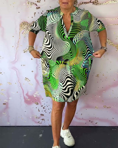 Robe Femme Col V Zippée Imprimé Abstrait Poches