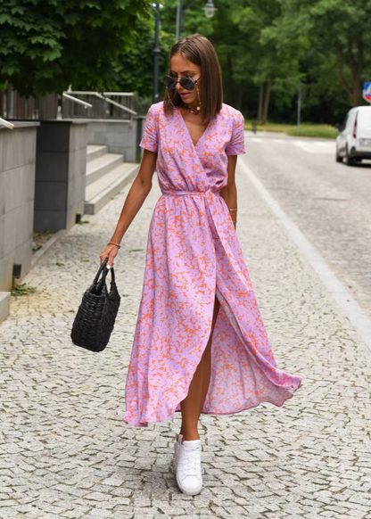 Robe Femme Fluide Coupe Portefeuille Motif Floral Manches Courtes