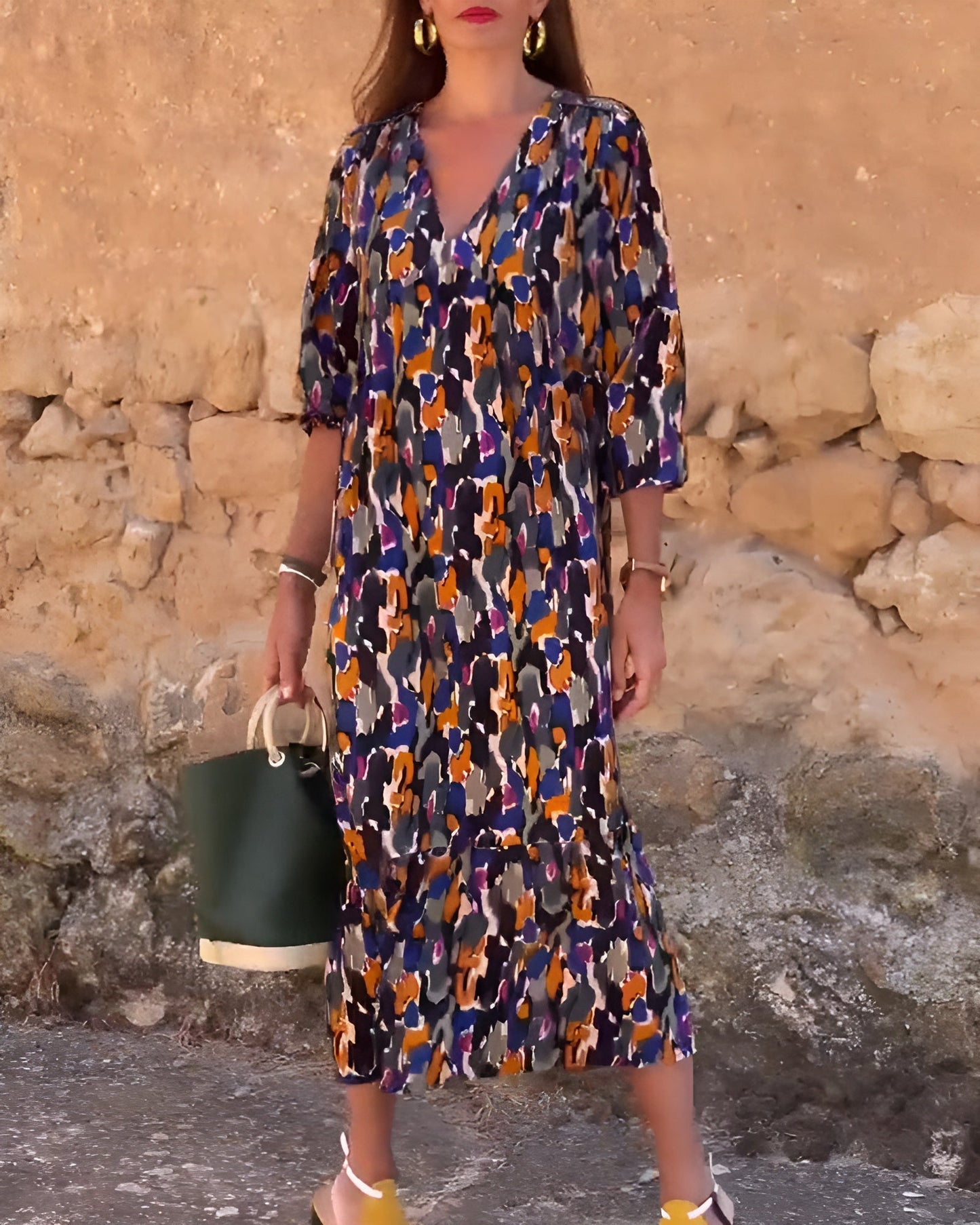 Robe longue Femme Fluide Imprimé Rétro Col en V Manches Élégantes