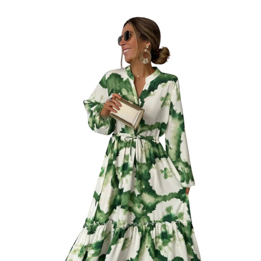 Robe Chic Manches Longues à Fleurs avec Col en V - PanierRoyale