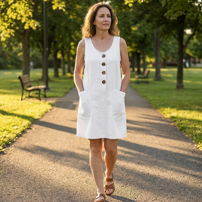 Robe Femme Coton Lin Sans Manches Boutons Décoratifs - PanierRoyale