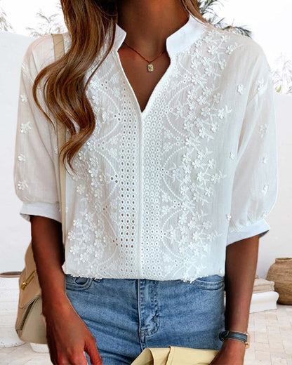 Blouse Femme Été Décolleté V Poches et Manches Bouffantes