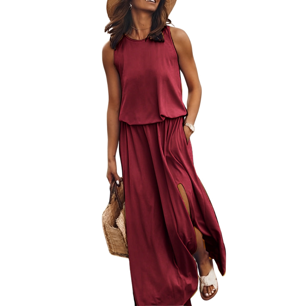 Robe Été Col Rond avec Poches Décolletée Chic