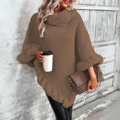 Poncho Tricoté Chaud et Doux en Beige avec Peluche
