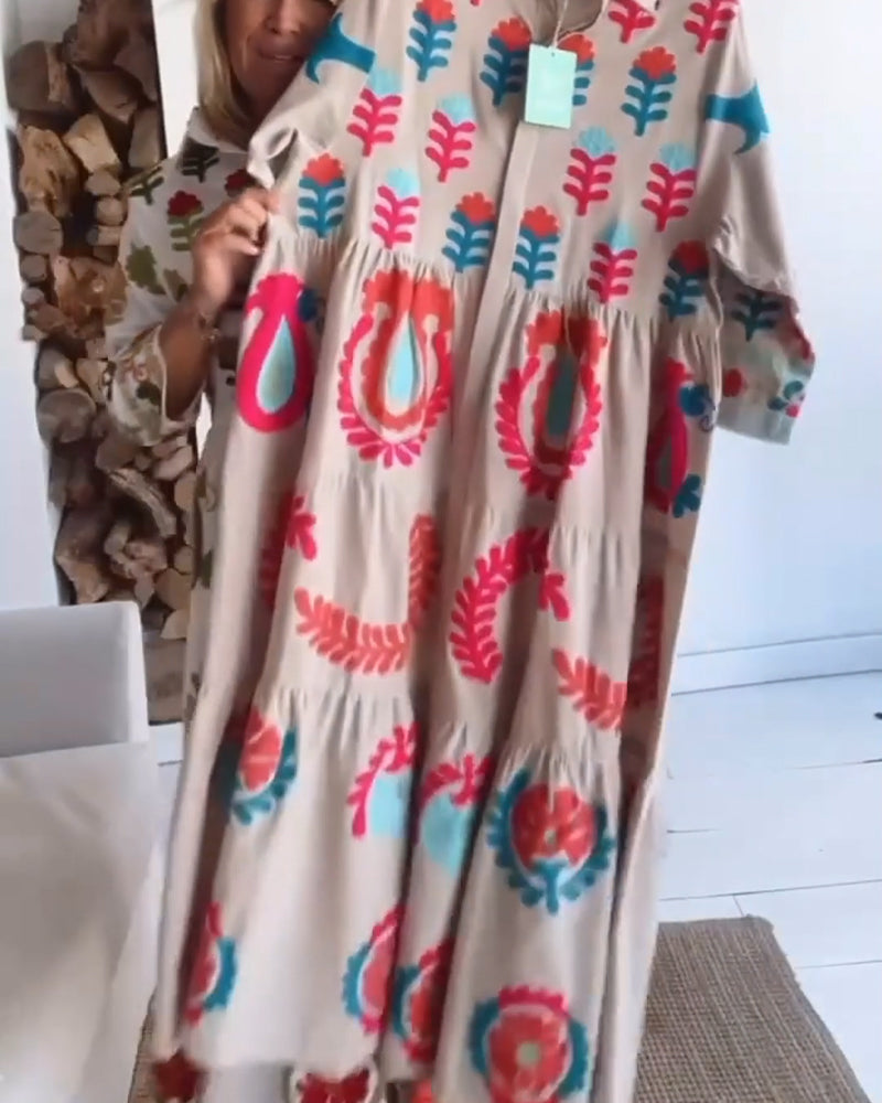Robe midi Femme Fluide Imprimé Floral Col Revers Manches Courtes