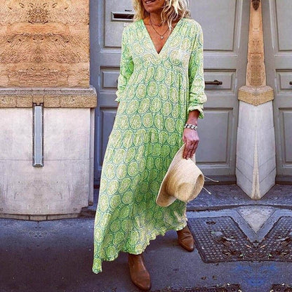 Robe Longue Imprimée Chic avec Décolleté en V et Coupe Détendue