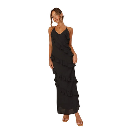 Robe Longue Élégante Col Rond avec Fermeture Arrière Réglable
