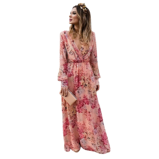 Robe Cocktail Fleurs Manches Longues Décolleté Plongeant - PanierRoyale