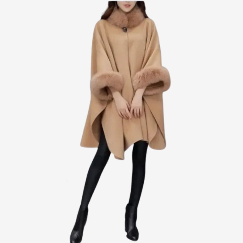 Veste capeline féminine à manches élargies avec col en faux fur