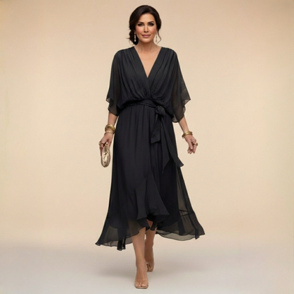 Robe Femme Chiffon Fluide Col en V Ceinturée