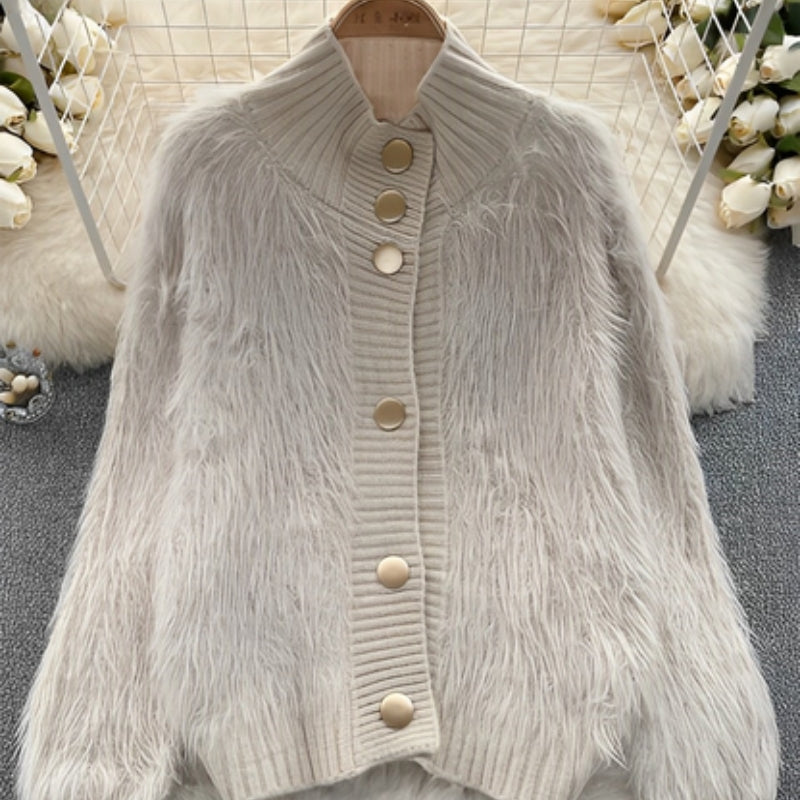 Cardigan en Maille Doux avec Col Rond et Boutons