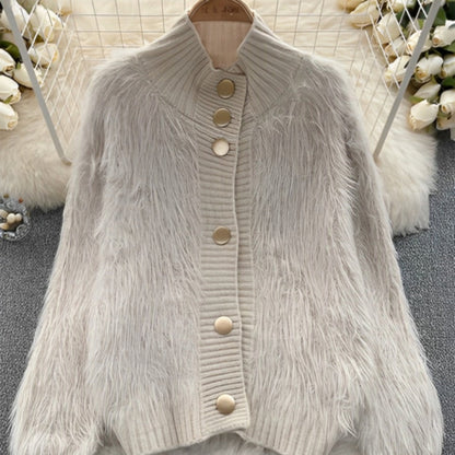 Cardigan en Maille Doux avec Col Rond et Boutons