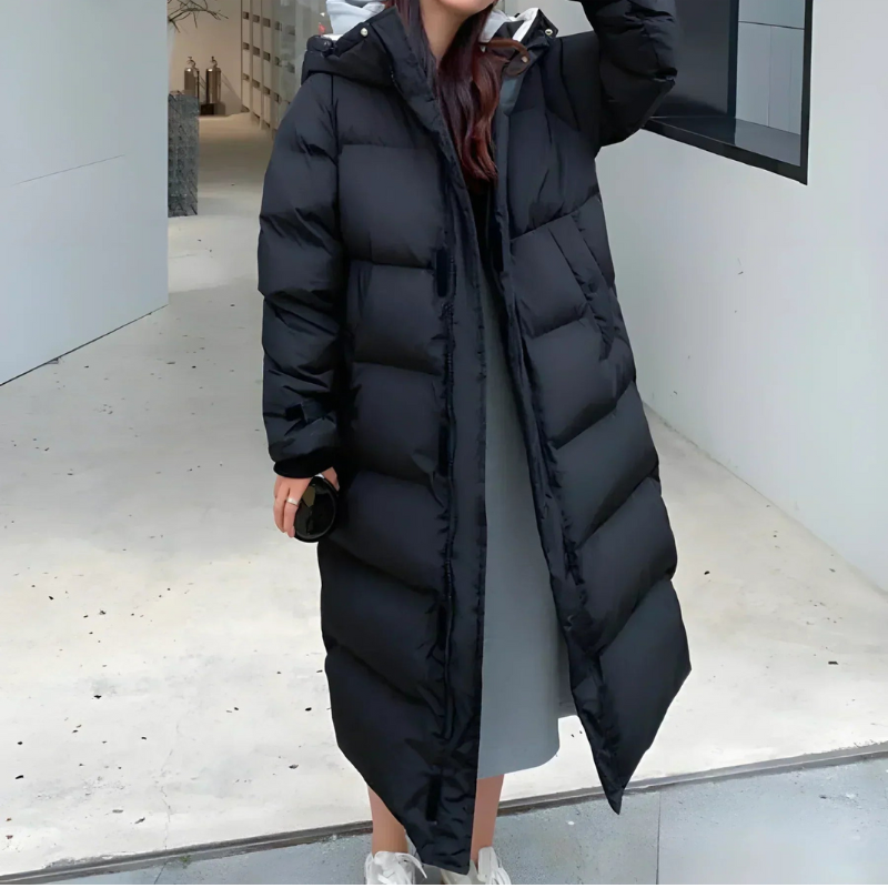 Manteau Femme Long Noir Blanc Élégant Hivernal