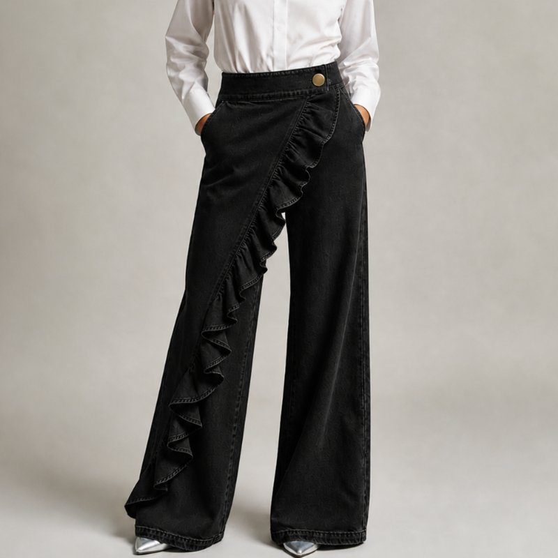 Pantalon Large Femme Denim Volants Asymétriques