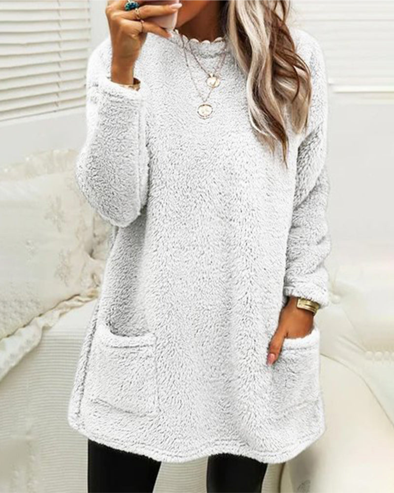 Pull Femme Molleton Long Manches Gris Chaud