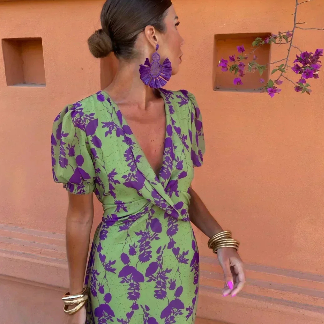 Robe longue Femme Fluide Col en V Croisé Manches Courtes